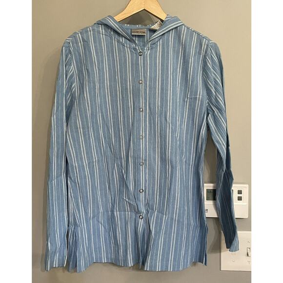 Chicos Top Hoodie Striped Button up Blue‎ Lightweight Women's Sz 1 EUC - Picture 1 of 11